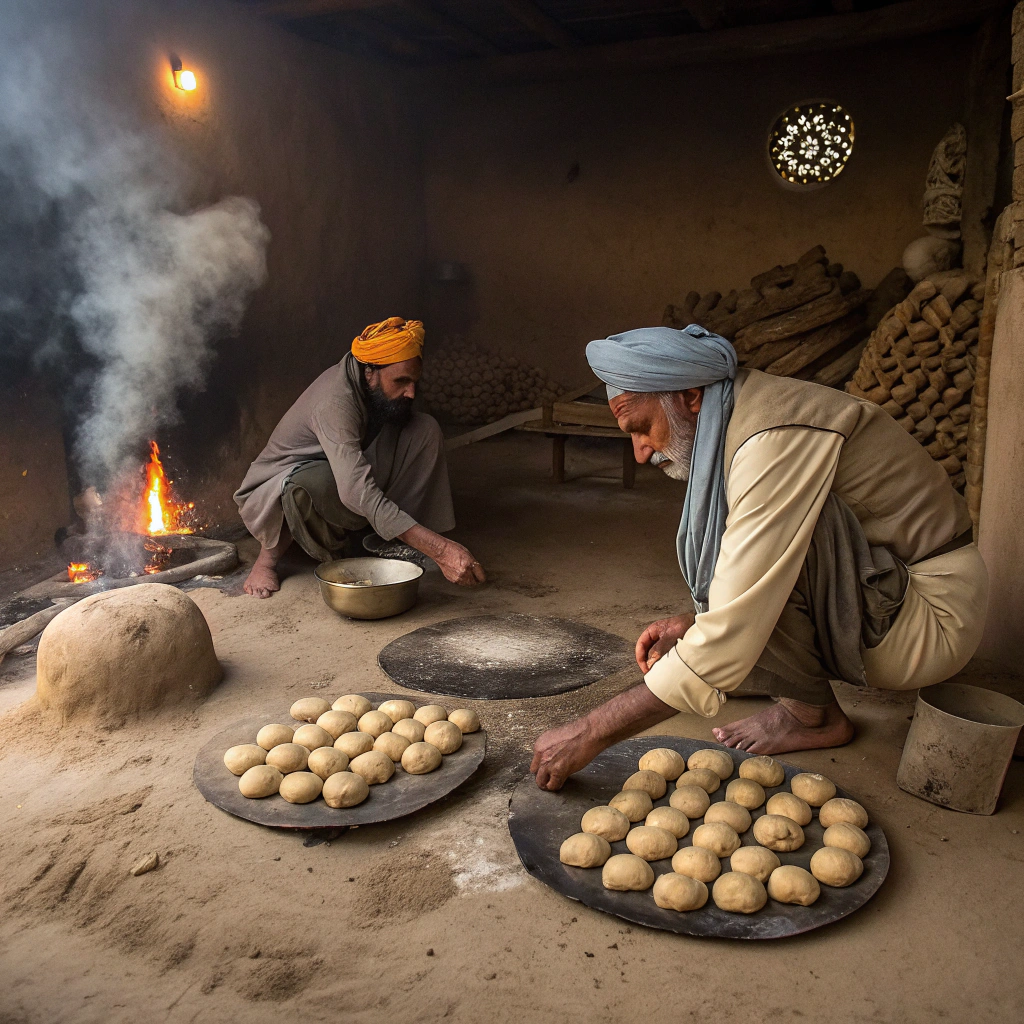 Ancient farmers cooking Litti on cow-dung cakes
