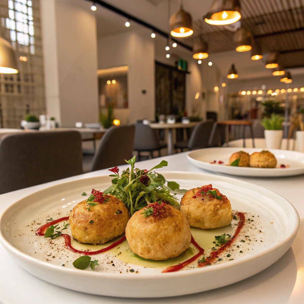 Modern plated Litti-Chokha in restaurant