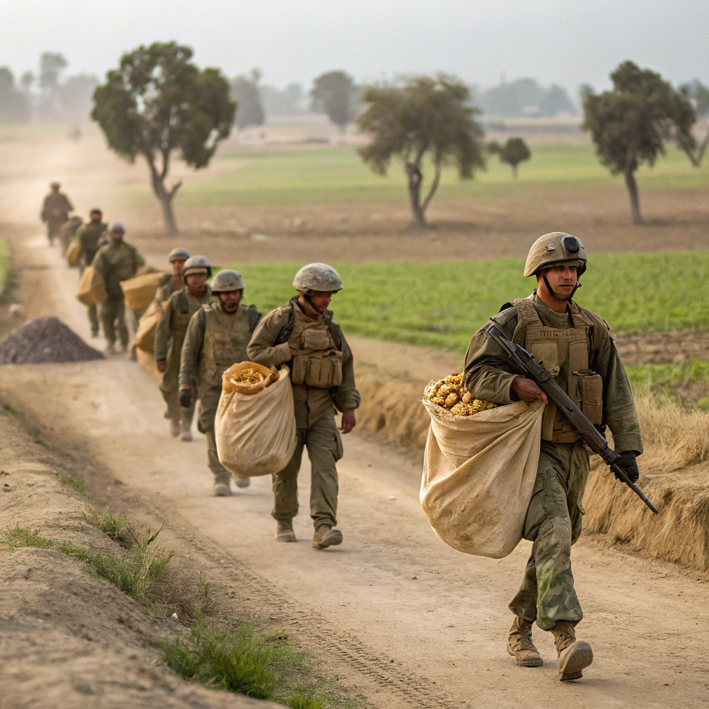 Soldiers traveling with sacks of Litti