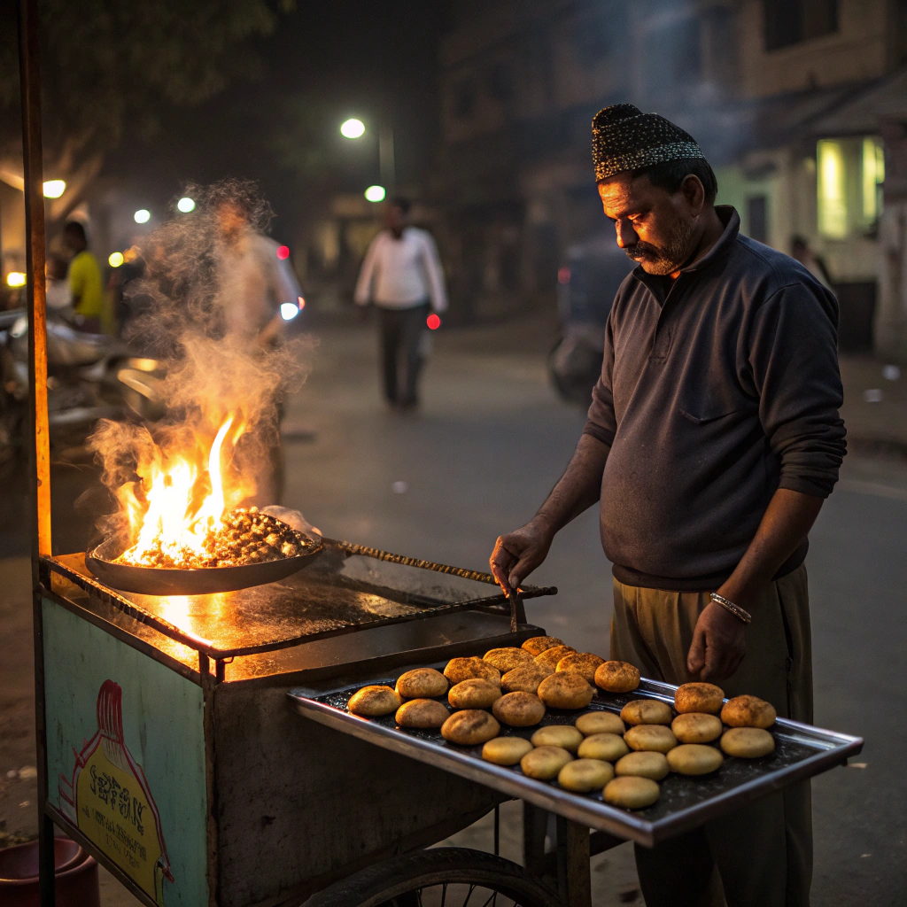 Street vendor with coal flame roasting Litti