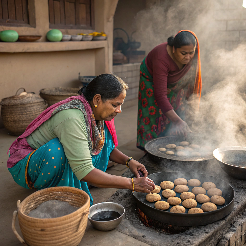 Women roasting Litti in clay Chulha